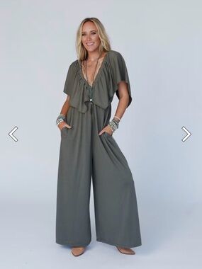 The Nest On Repeat Open Back Ruffle Jumpsuit - Light Olive - Wide-Leg